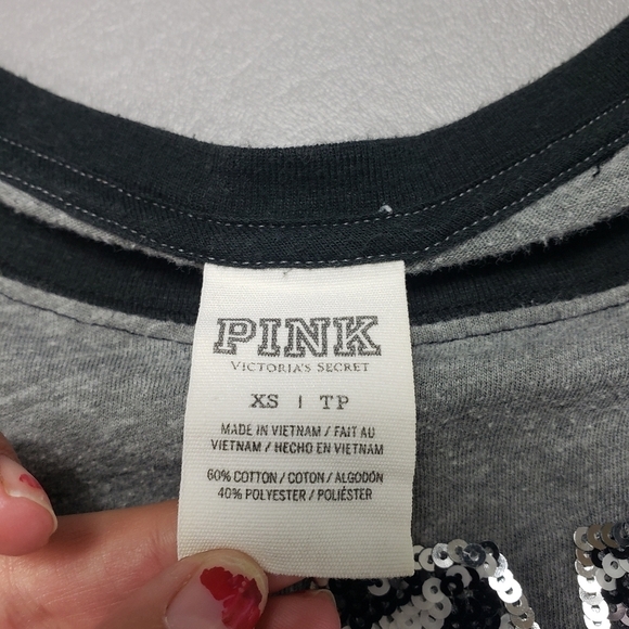 Pink Victoria's secret VS black, gray, white sequin tshirt women's size XS - Picture 5 of 8
